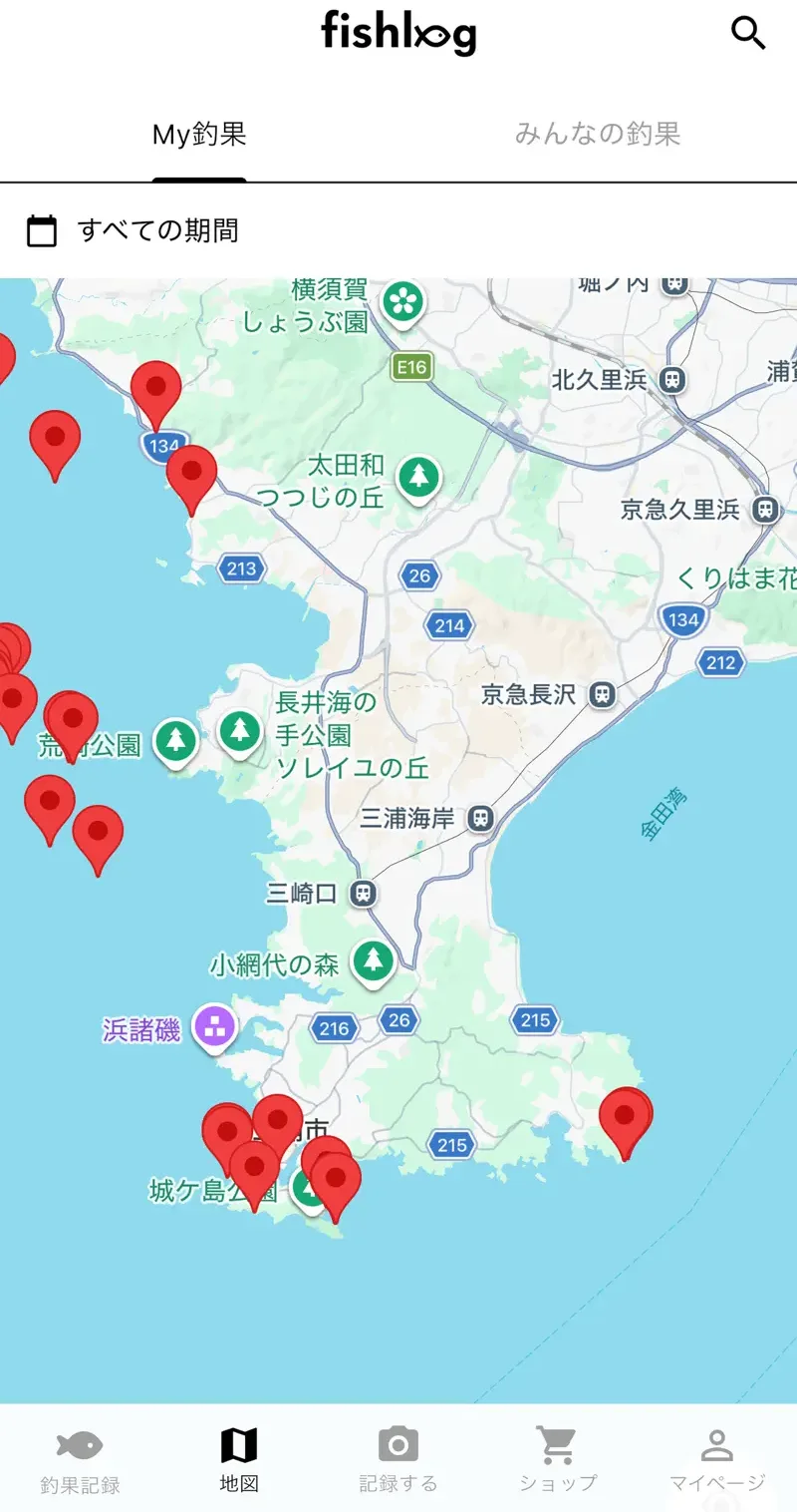 釣果記録アプリFishlogの地図画面